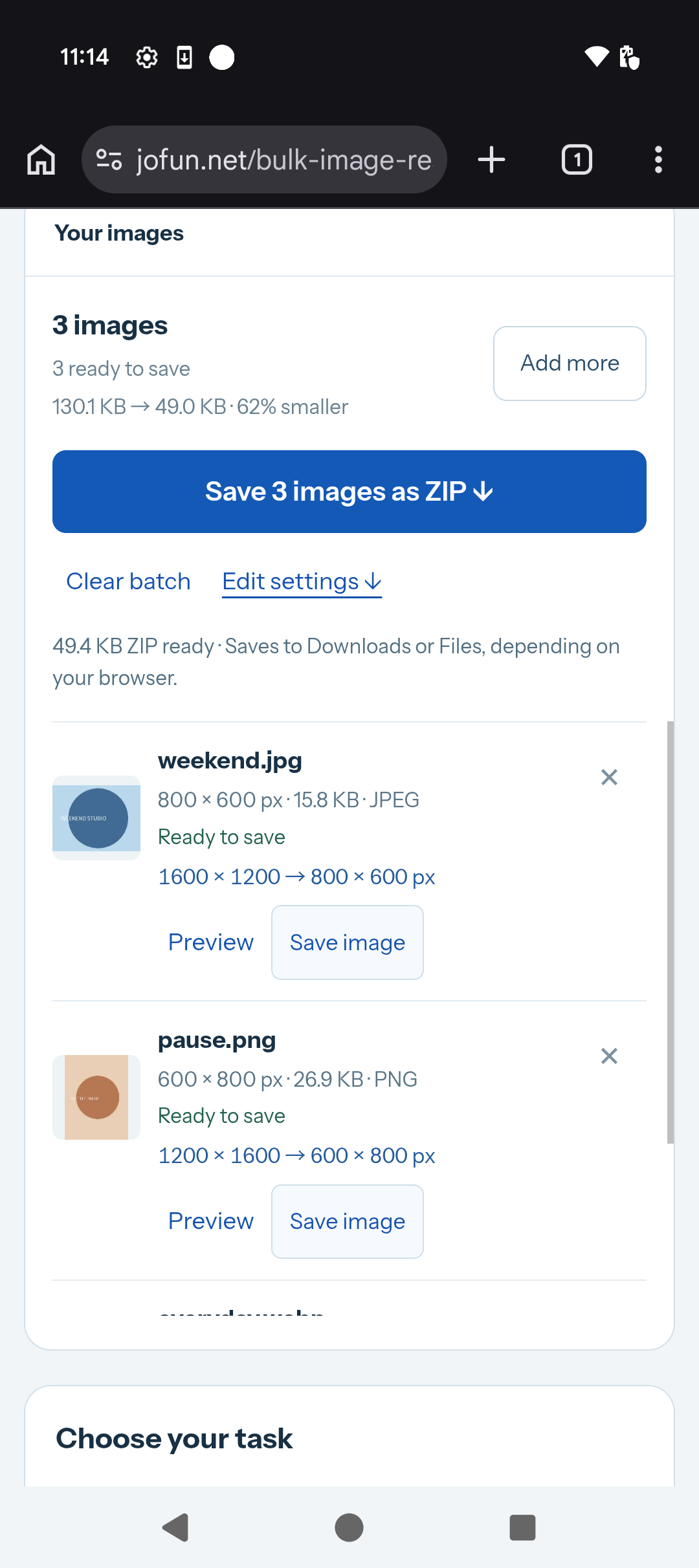 Android Chrome showing a completed three-image 50 percent batch and the Save ZIP button