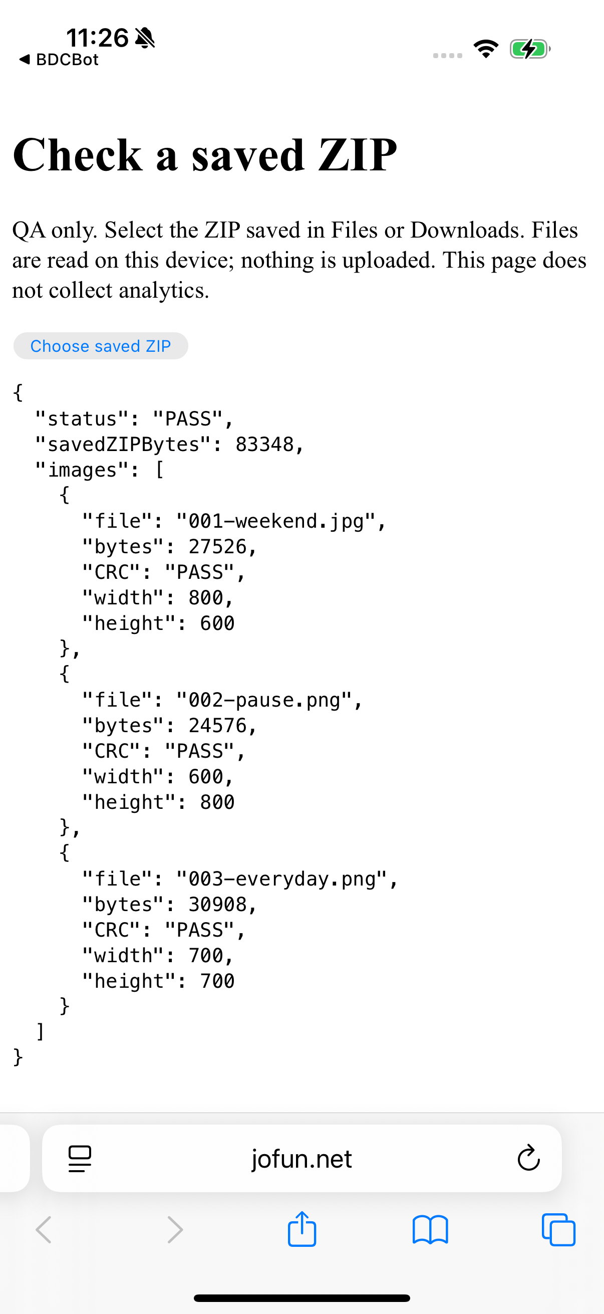 Local iPhone file check showing PASS, the 83348 byte saved ZIP and three decoded image dimensions